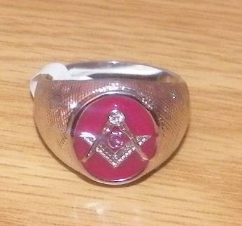 SPECIAL!!!!!FREEMASON,MASONIC RHODIUM WITH RED TOP RING SIZE 11